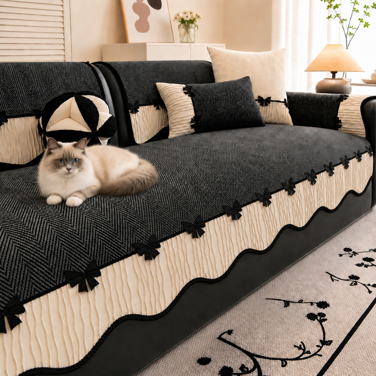 Bow Trim Herringbone Chenille Sofa Cover | Non-Slip Machine-Washable