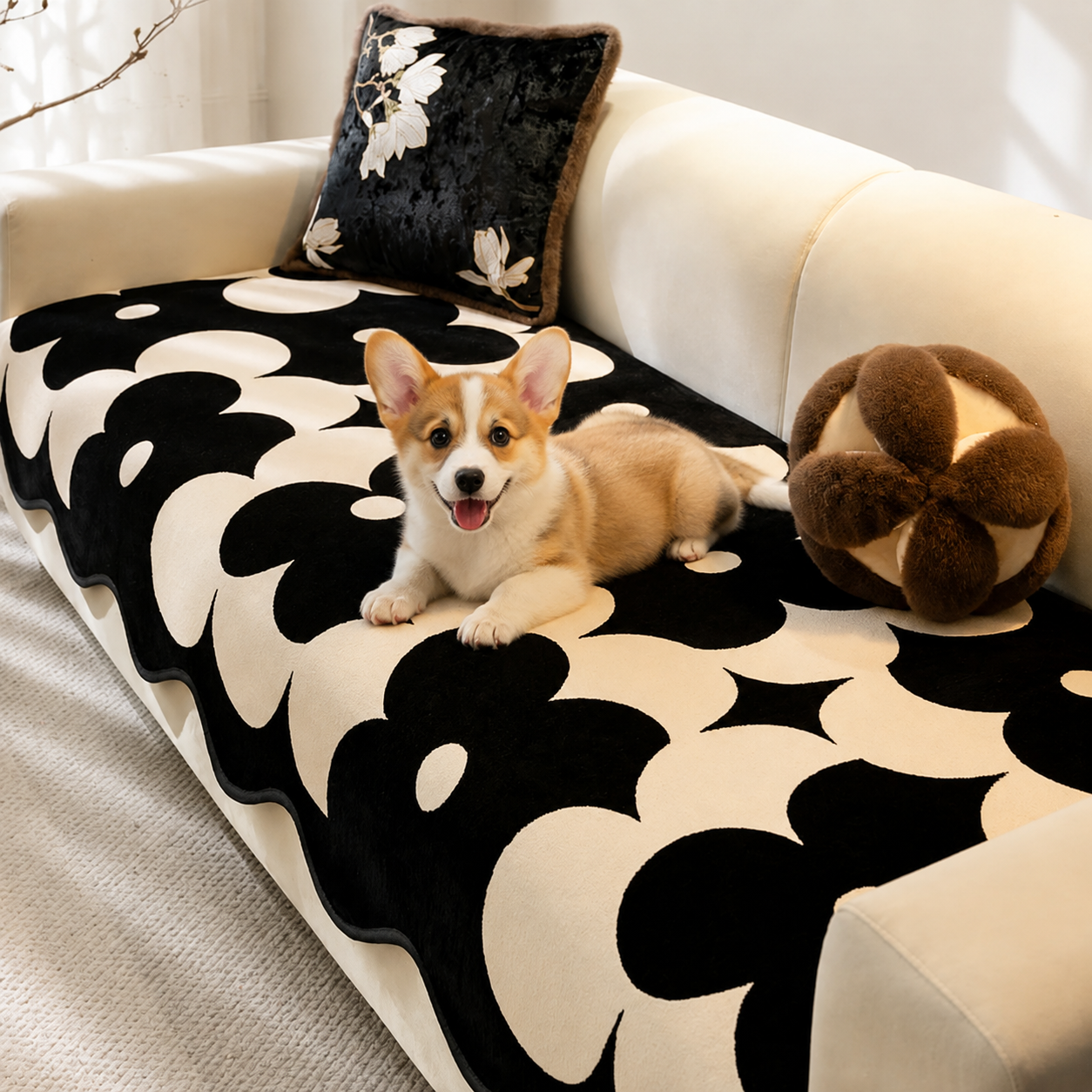 Floral Chenille Sofa Cover | Wavy Border Non-Slip Couch Throw | Woofing Deals