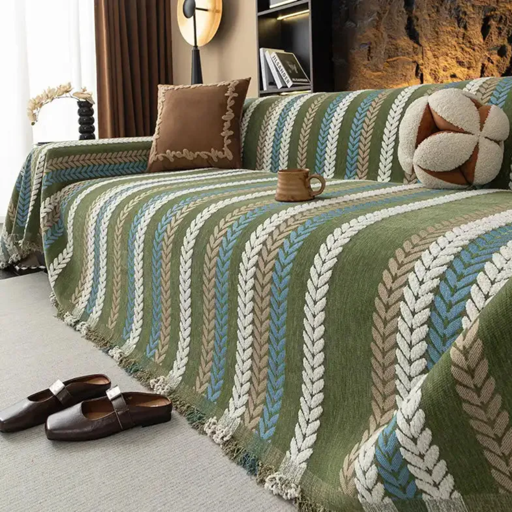 Leaf Pattern Chenille Sofa Cover | One-Piece Throw | Pet Fur & Dust Protection | Machine Washable | Woofing Deals