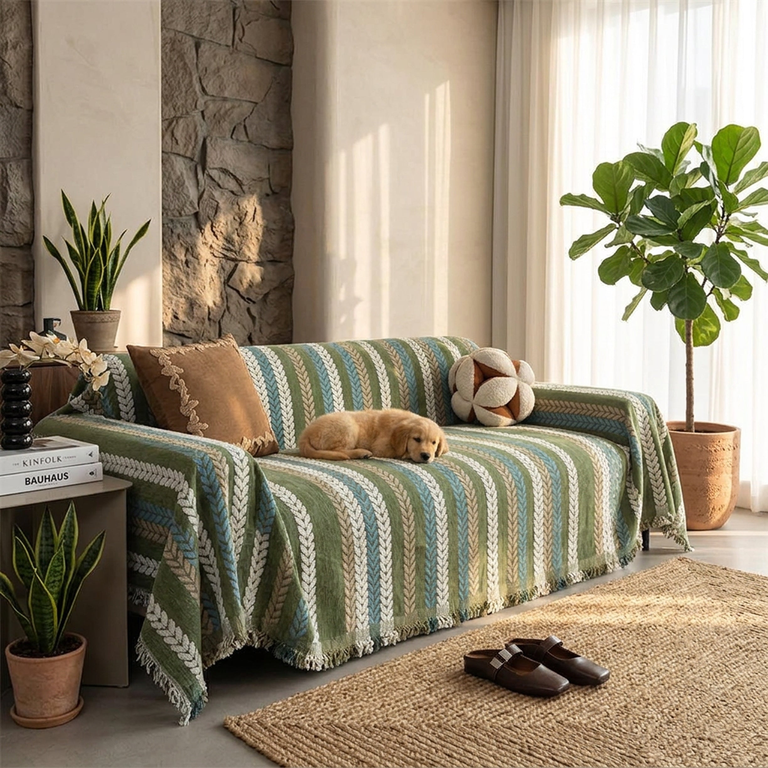 Leaf Pattern Chenille Sofa Cover | One-Piece Throw | Pet Fur & Dust Protection | Machine Washable | Woofing Deals