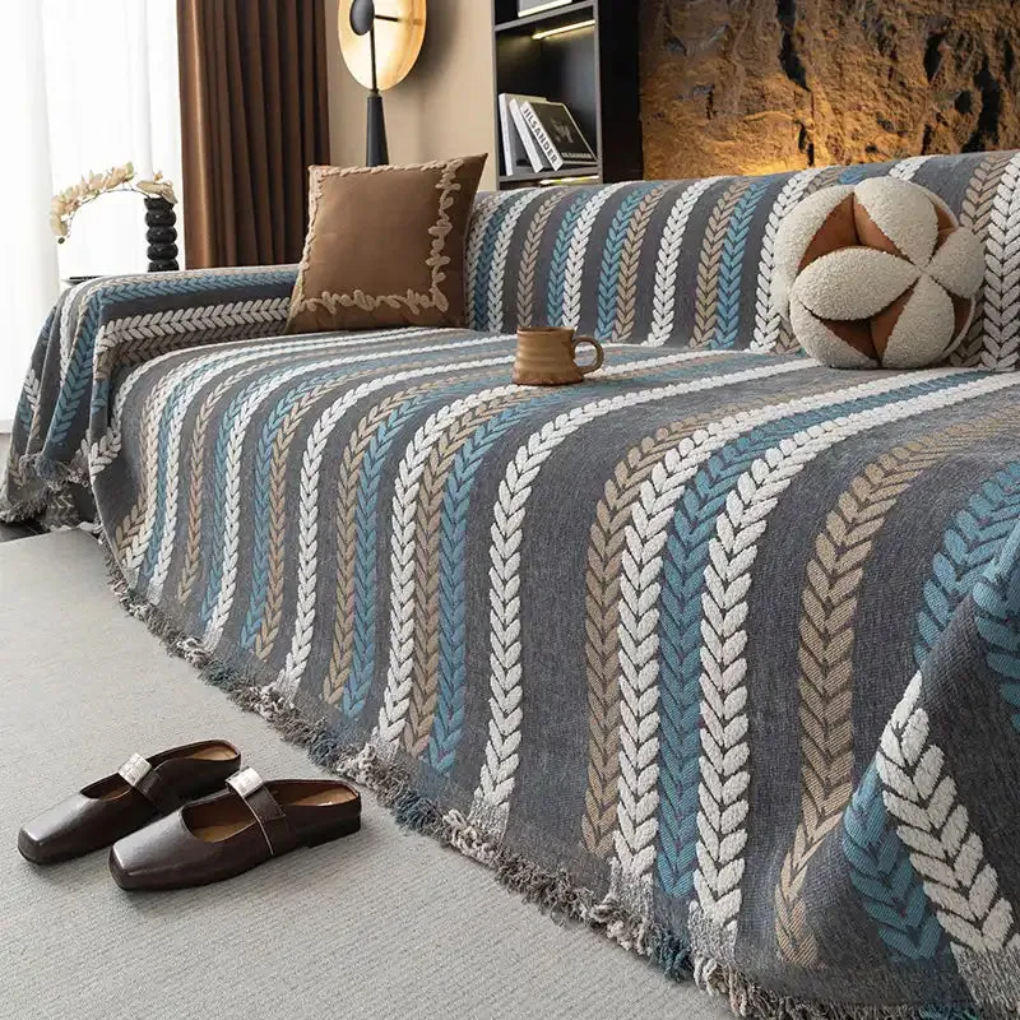 Leaf Pattern Chenille Sofa Cover | One-Piece Throw | Pet Fur & Dust Protection | Machine Washable | Woofing Deals