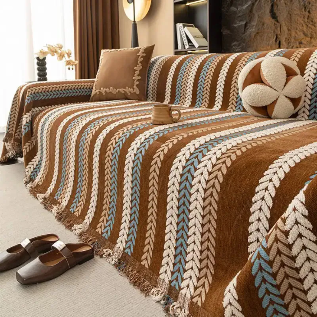 Leaf Pattern Chenille Sofa Cover | One-Piece Throw | Pet Fur & Dust Protection | Machine Washable | Woofing Deals