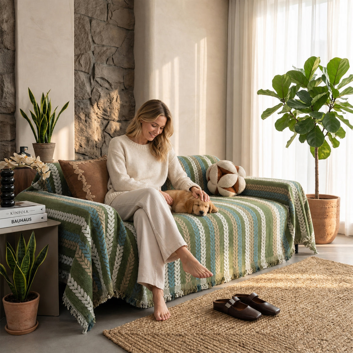 Leaf Pattern Chenille Sofa Cover | One-Piece Throw | Pet Fur & Dust Protection | Machine Washable | Woofing Deals