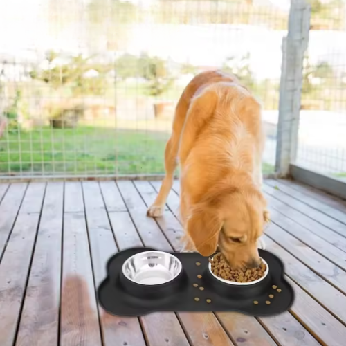 Anti-Slip Double Dog Bowl | Stainless Steel | Silicone Mat Base | Food & Water Feeder | Woofing Deals