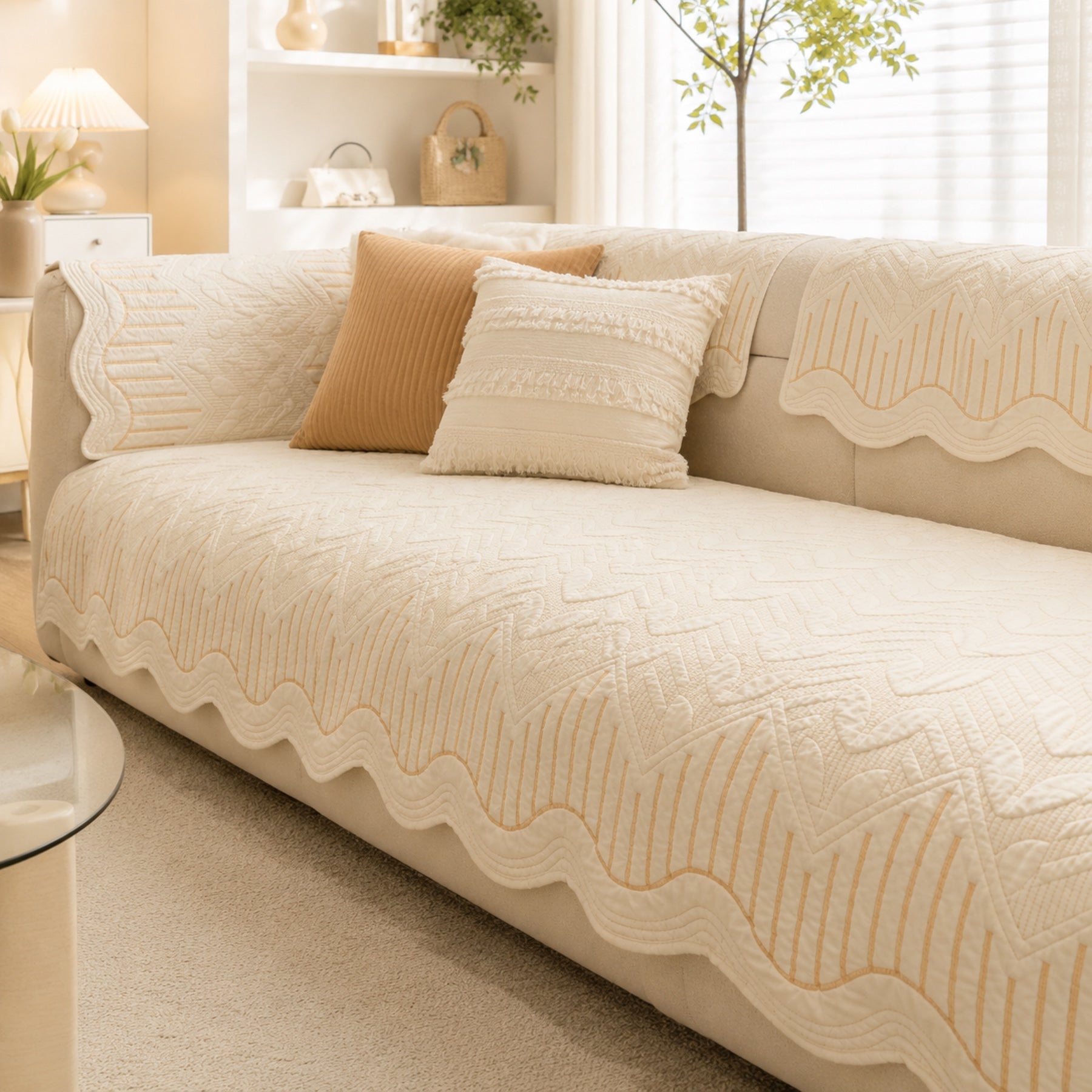 Modern Wave | Cotton Sofa Cover | Breathable Anti-Slip | All-Season Protector
