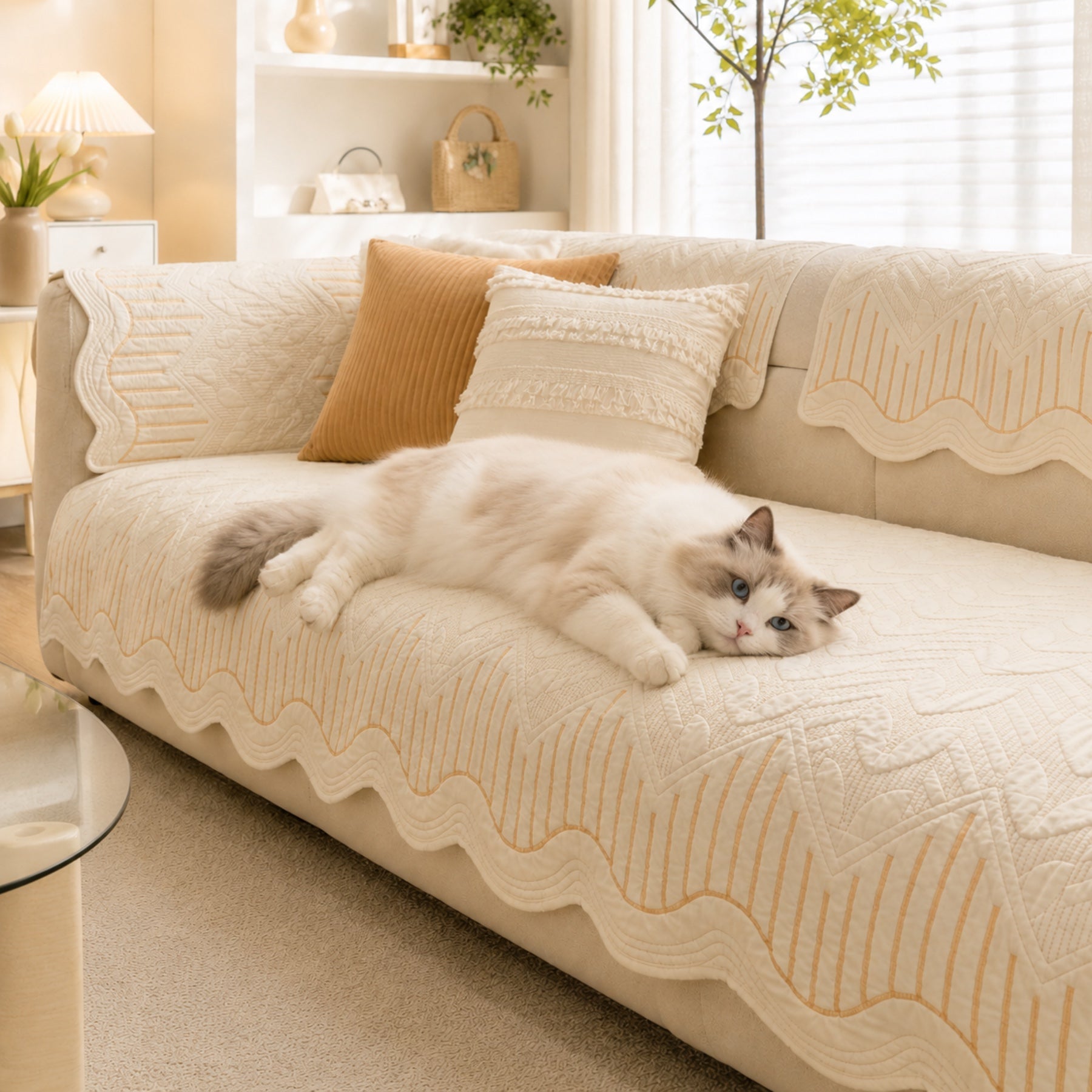 Modern Wave | Cotton Sofa Cover | Breathable Anti-Slip | All-Season Protector