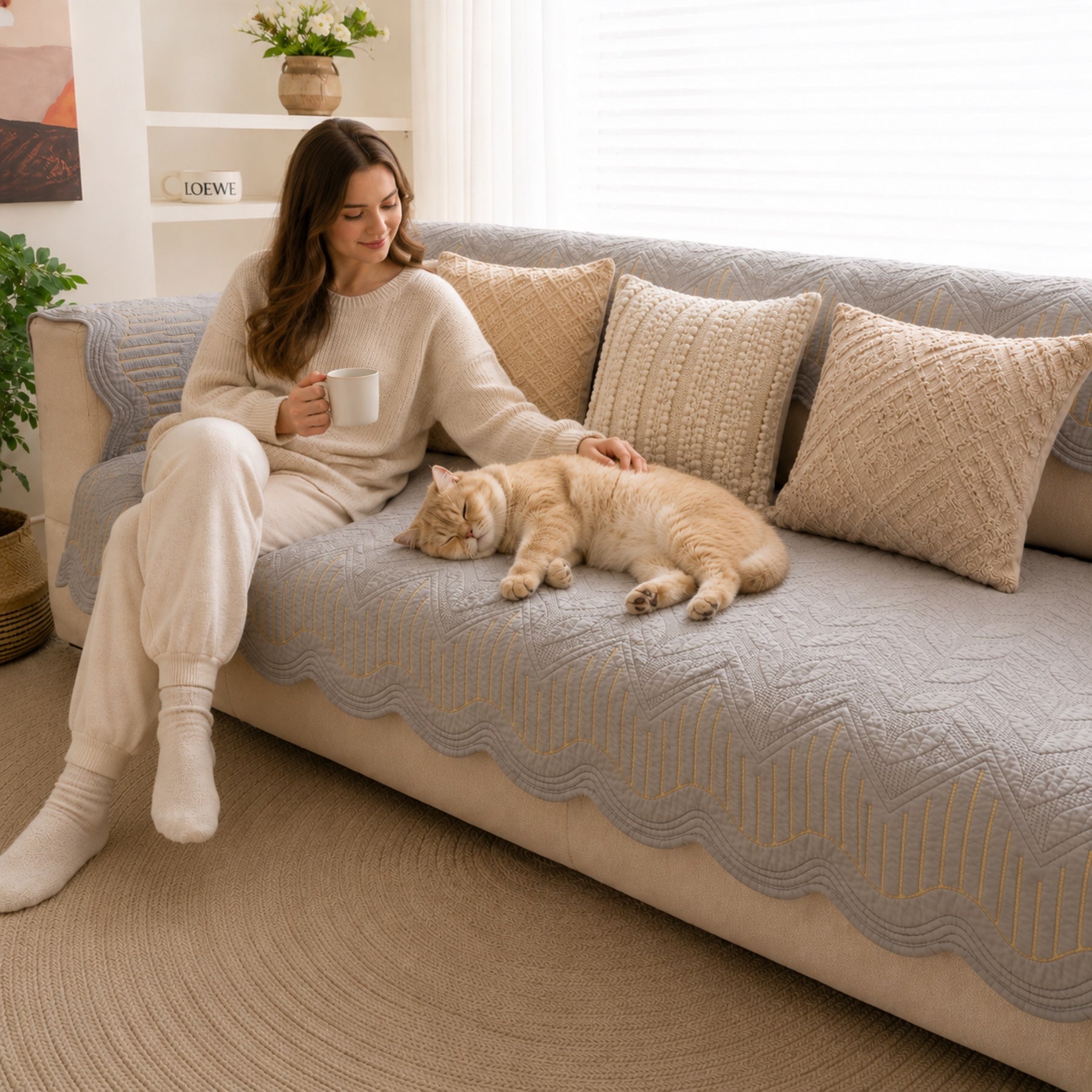 A cozy living room scene with a woman relaxing on a sofa beside an orange tabby cat