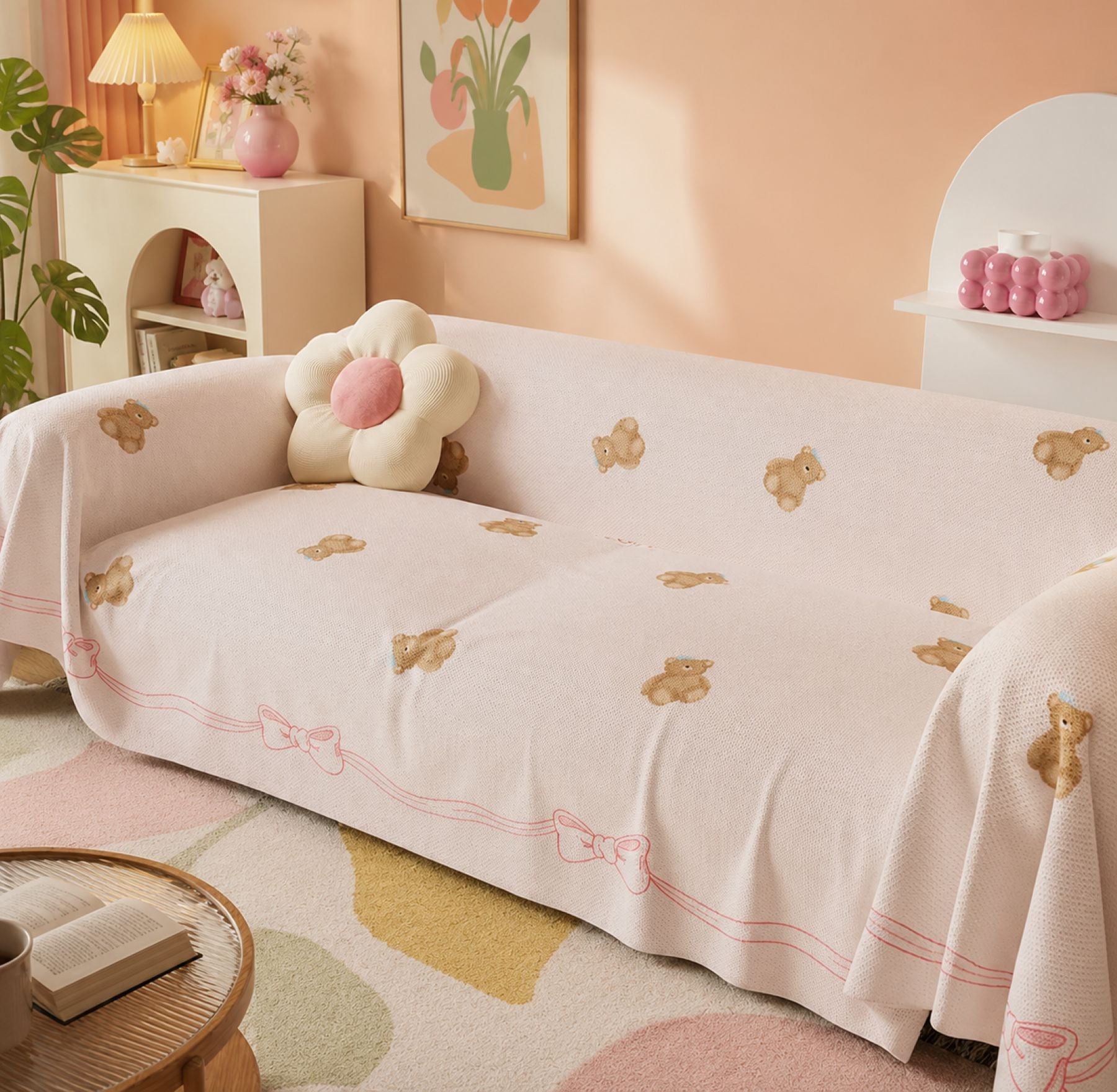 Teddy Bow | Linen-Look Sofa Throw | Breathable Anti-Scratch Pet Cover