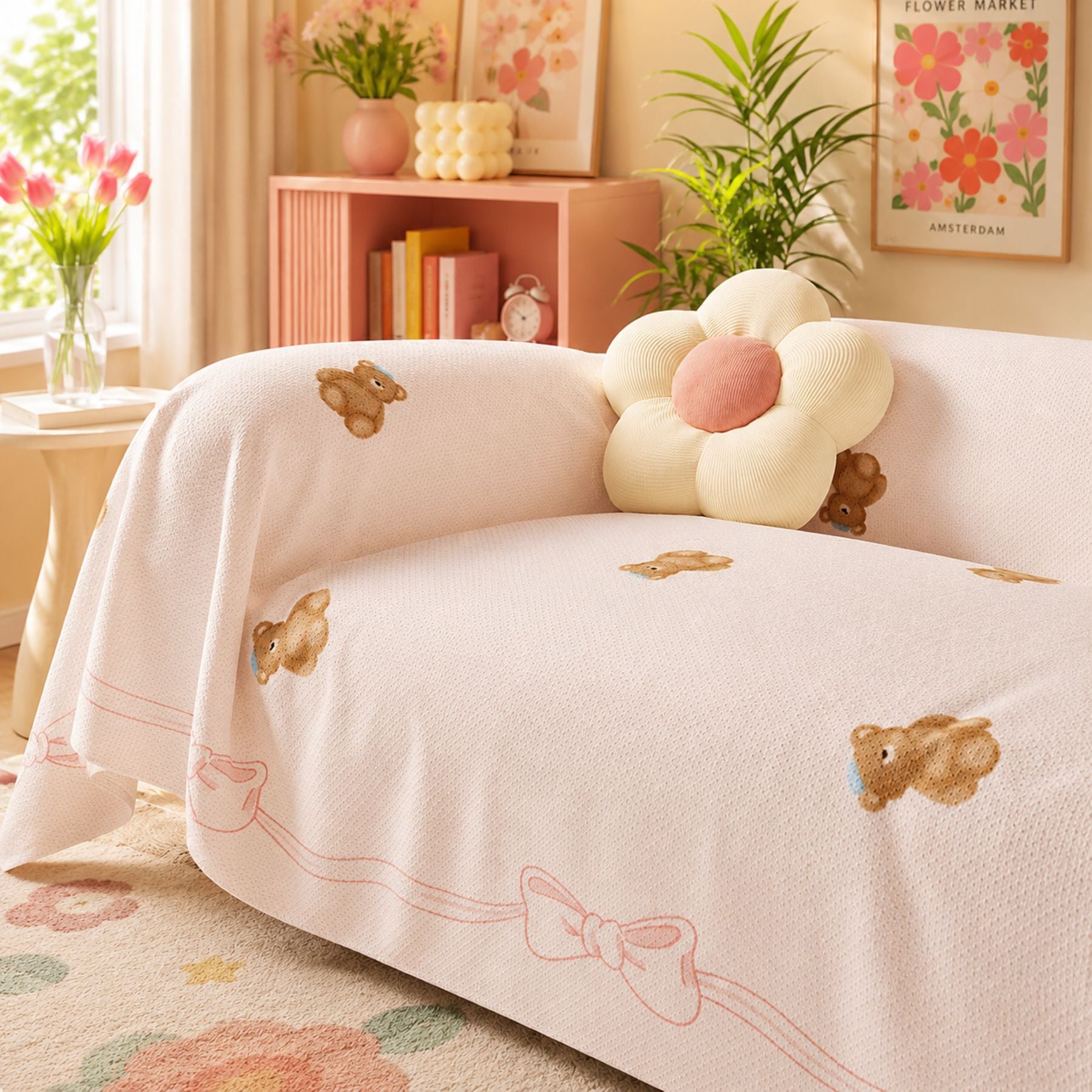 Teddy Bow | Linen-Look Sofa Throw | Breathable Anti-Scratch Pet Cover