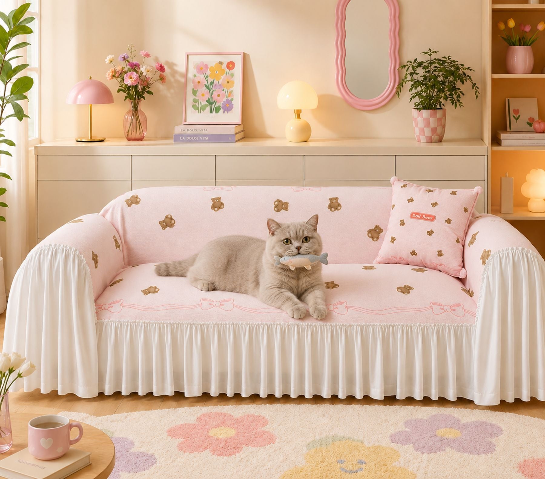 Teddy Bow | Linen-Look Sofa Throw | Breathable Anti-Scratch Pet Cover