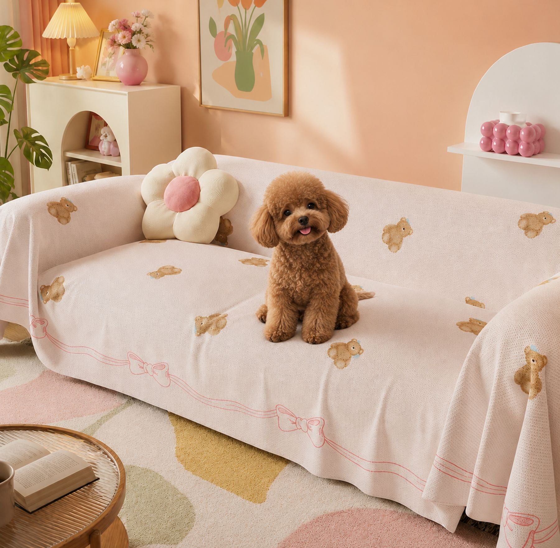Teddy Bow | Linen-Look Sofa Throw | Breathable Anti-Scratch Pet Cover