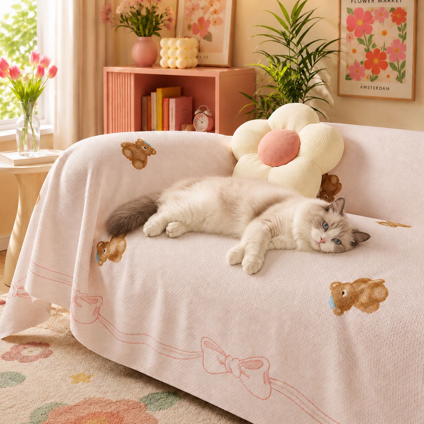 Teddy Bow | Linen-Look Sofa Throw | Breathable Anti-Scratch Pet Cover