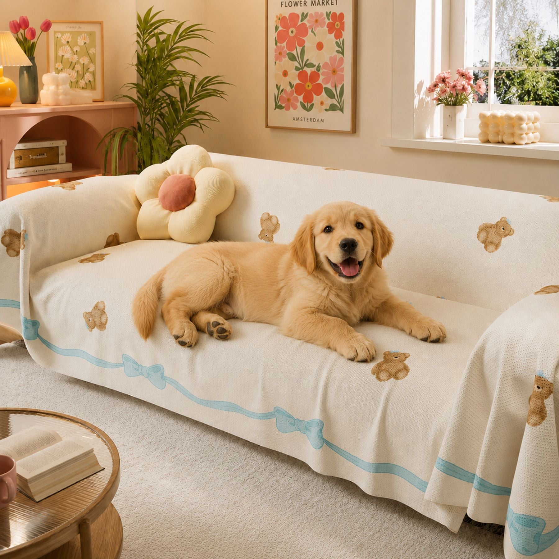 Teddy Bow | Linen-Look Sofa Throw | Breathable Anti-Scratch Pet Cover