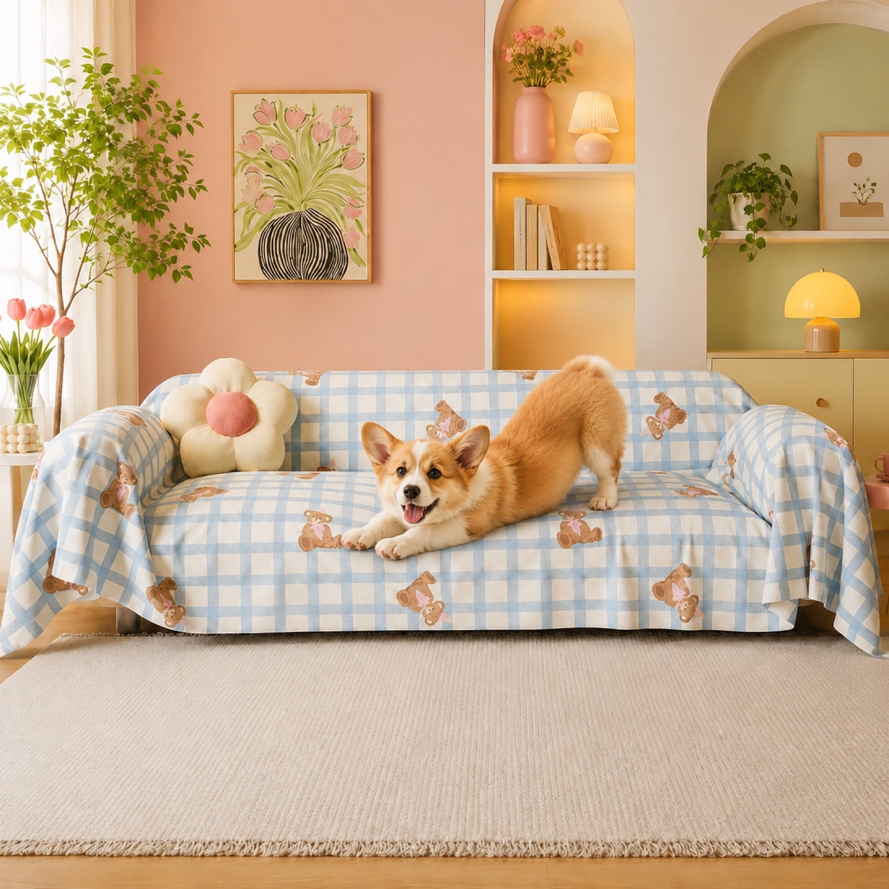 Teddy Picnic | Linen-Look Sofa Throw | Breathable Anti-Scratch Pet Cover
