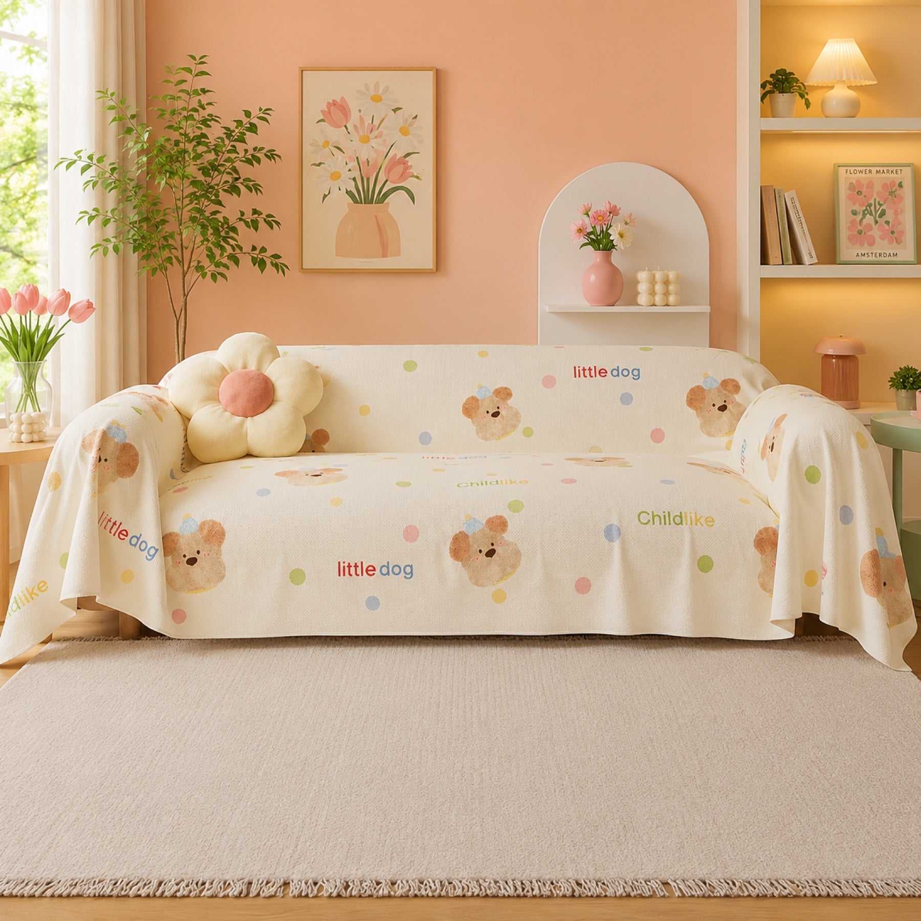 Whimsical Friends | Linen-Look Sofa Throw | Breathable Anti-Scratch Pet Cover
