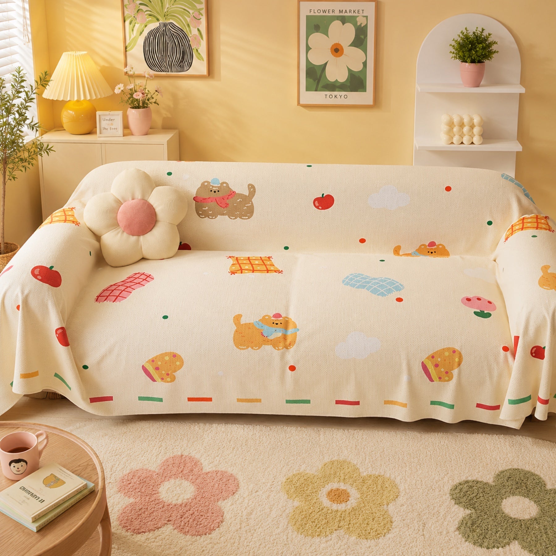 Whimsical Friends | Linen-Look Sofa Throw | Breathable Anti-Scratch Pet Cover