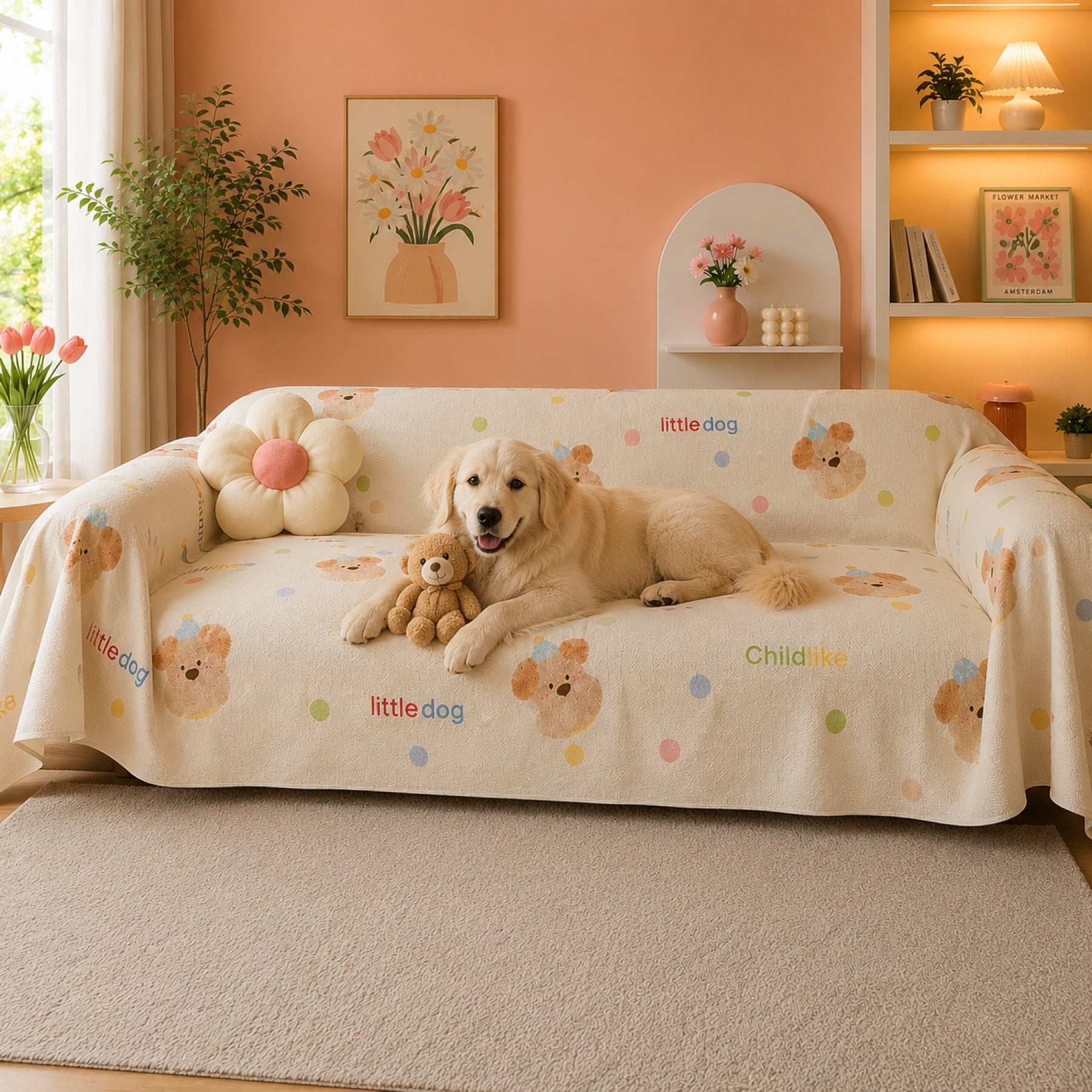 Whimsical Friends | Linen-Look Sofa Throw | Breathable Anti-Scratch Pet Cover