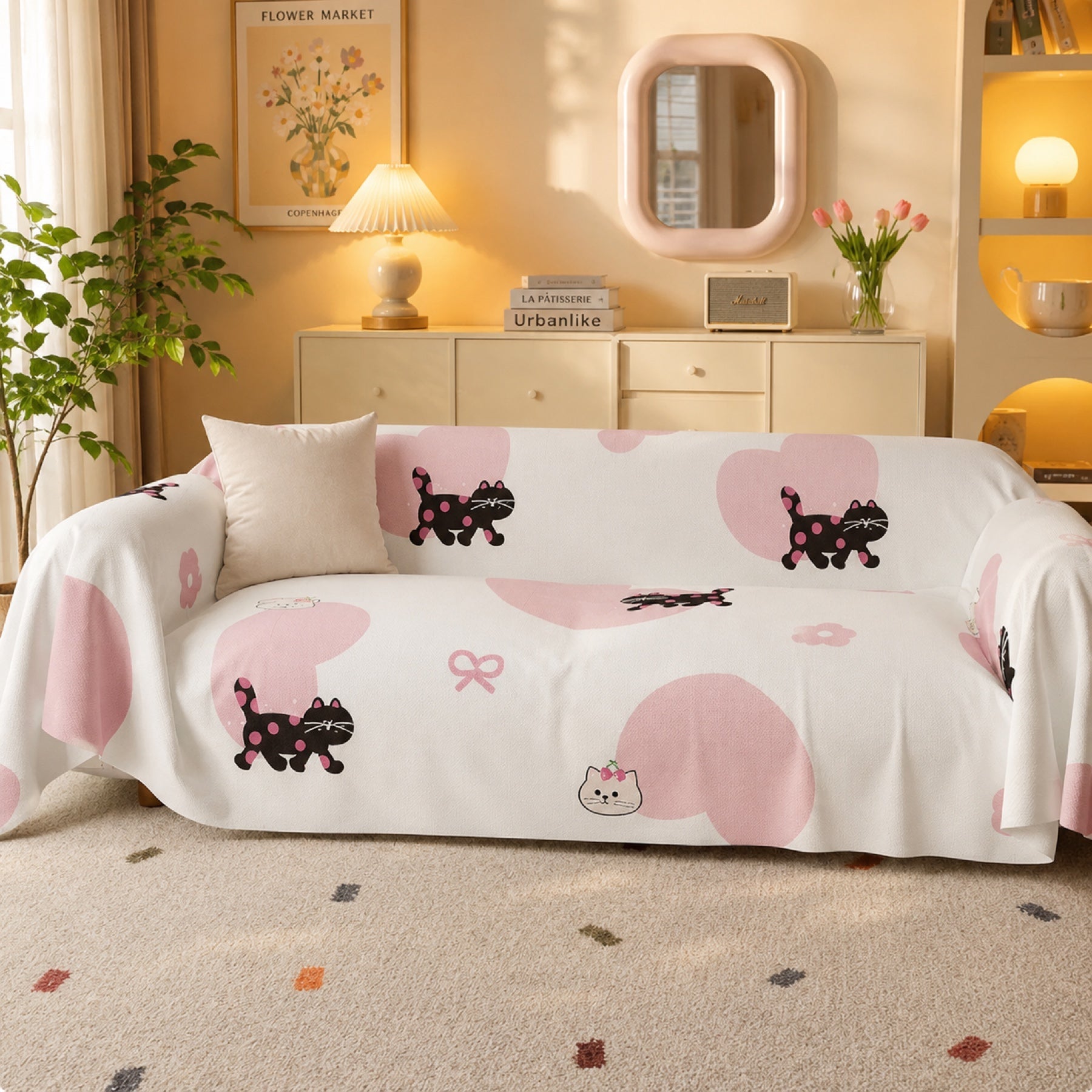 Sweetheart Kitty | Linen-Look Sofa Throw | Breathable Anti-Scratch Pet Cover