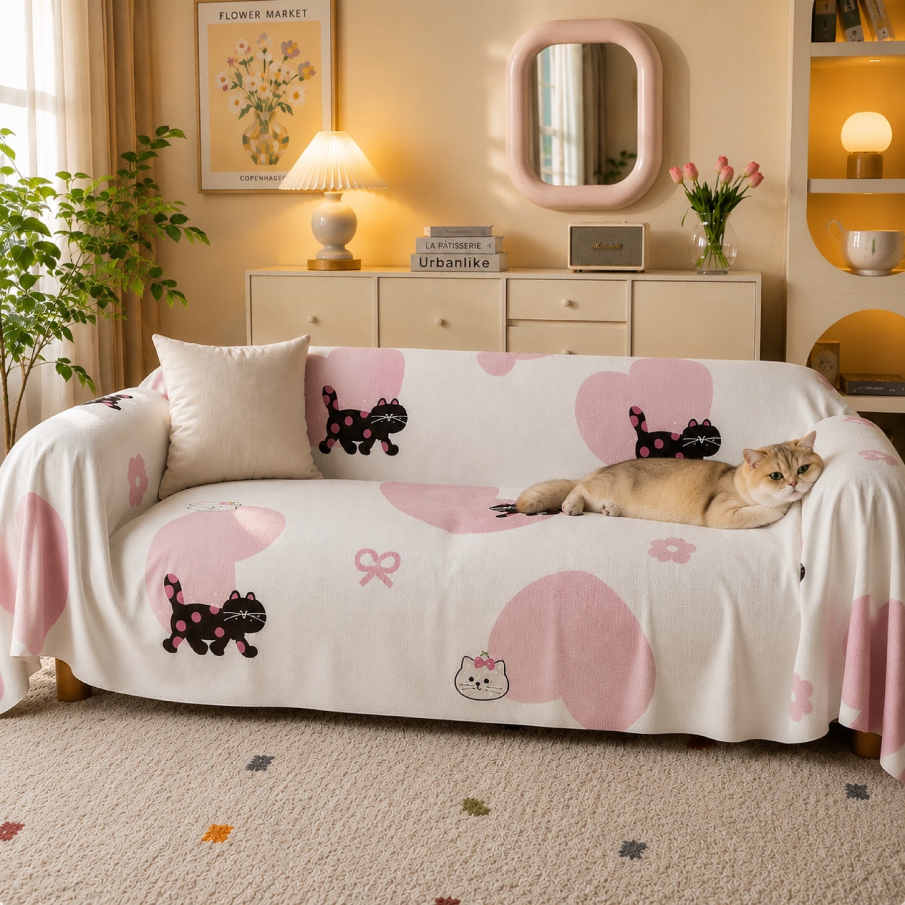 Sweetheart Kitty | Linen-Look Sofa Throw | Breathable Anti-Scratch Pet Cover