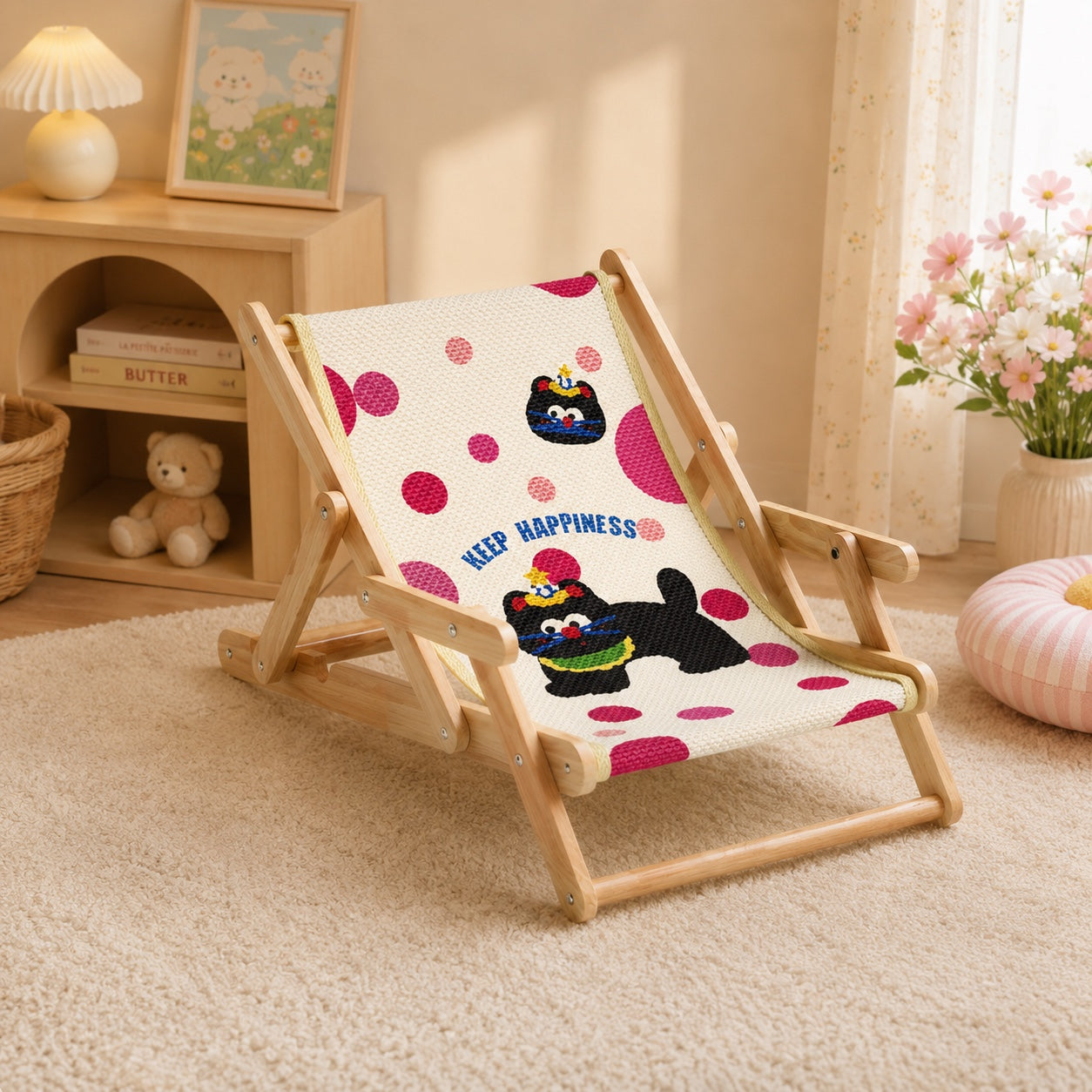 Foldable Cat Lounge Chair | Solid Wood & Sisal Scratcher | 3-Level Adjustable
