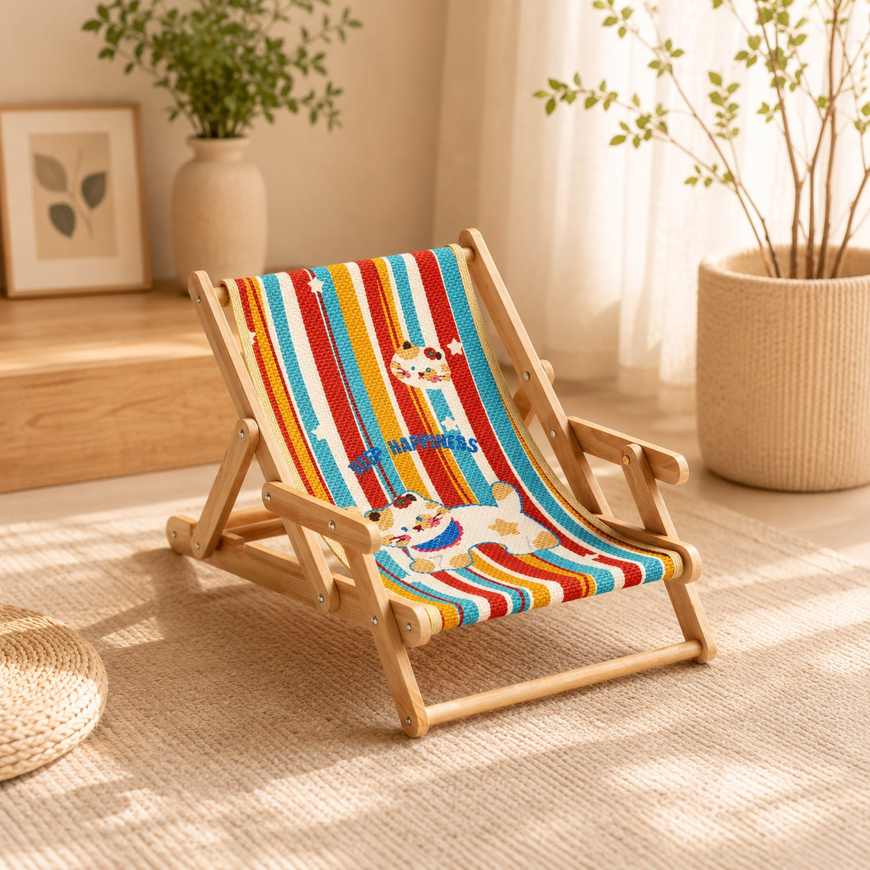 Foldable Cat Lounge Chair | Solid Wood & Sisal Scratcher | 3-Level Adjustable