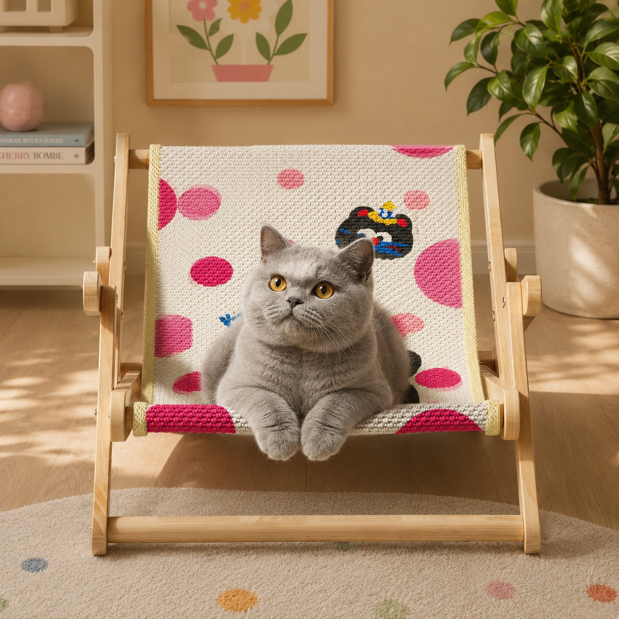 Foldable Cat Lounge Chair | Solid Wood & Sisal Scratcher | 3-Level Adjustable