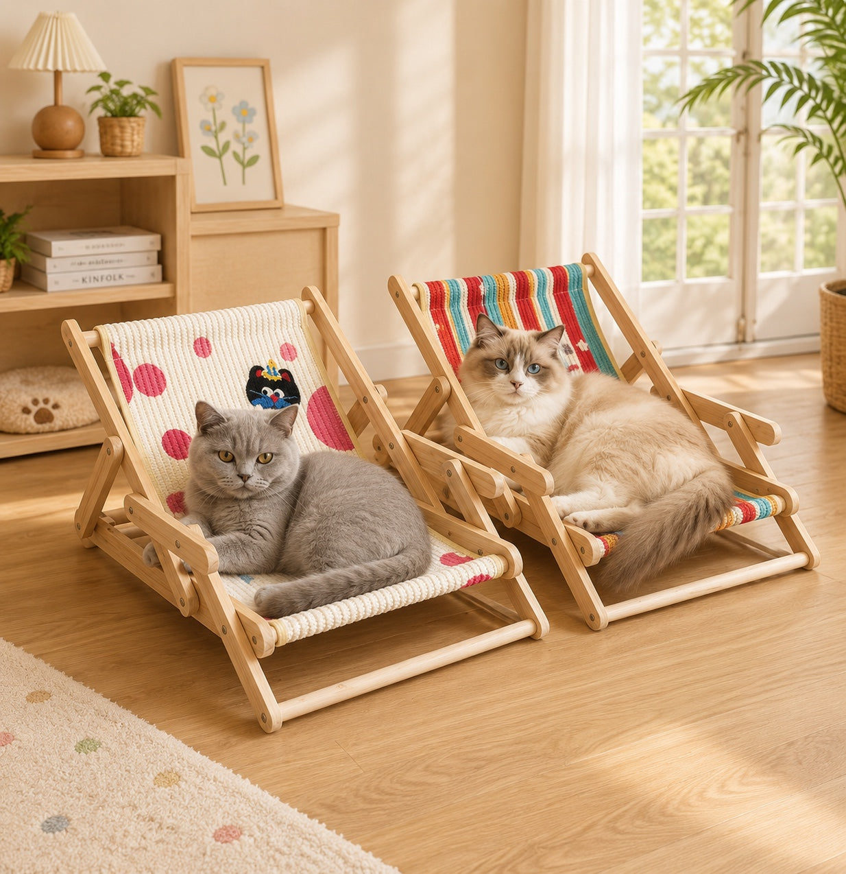 Foldable Cat Lounge Chair | Solid Wood & Sisal Scratcher | 3-Level Adjustable