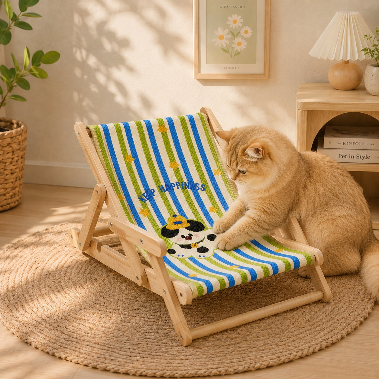 Foldable Cat Lounge Chair | Solid Wood & Sisal Scratcher | 3-Level Adjustable