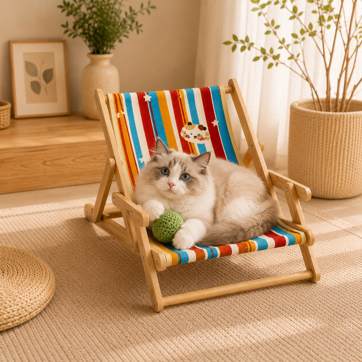 Foldable Cat Lounge Chair | Solid Wood & Sisal Scratcher | 3-Level Adjustable