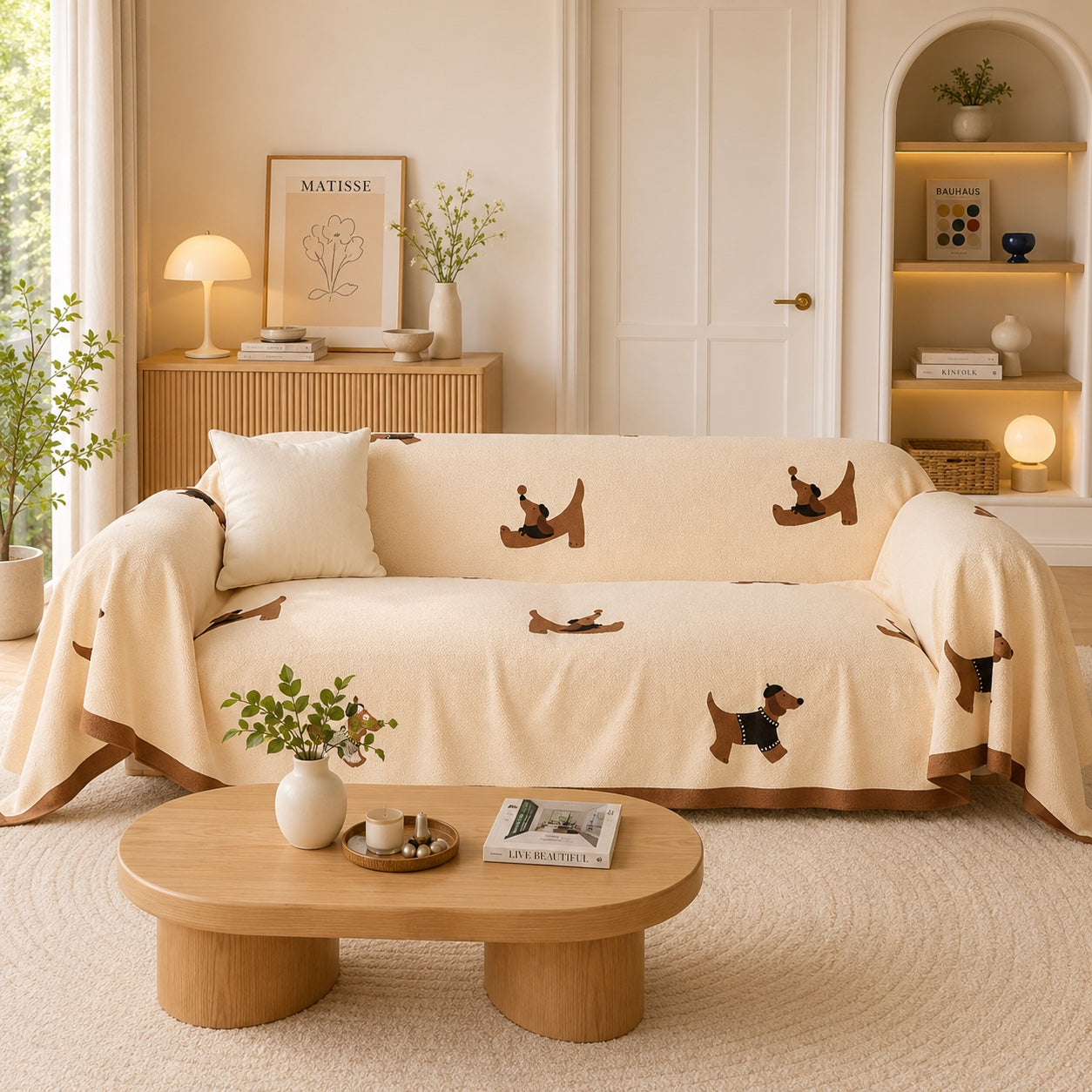 Playful Dachshund | Linen-Look Sofa Throw | Breathable Anti-Scratch Pet Cover