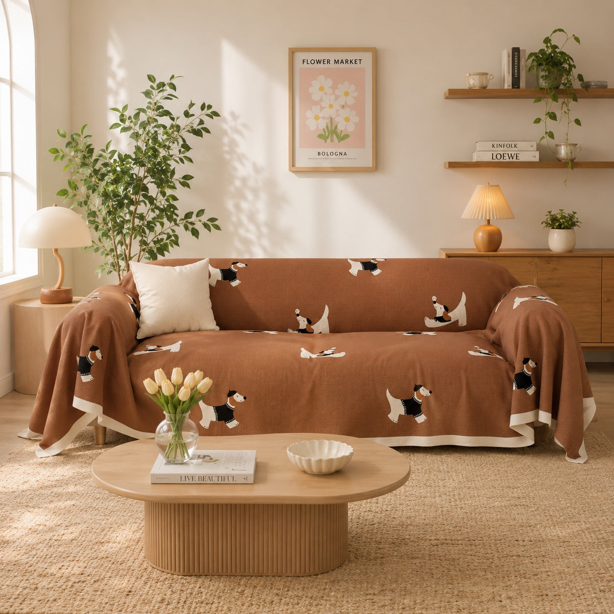 Playful Dachshund | Linen-Look Sofa Throw | Breathable Anti-Scratch Pet Cover