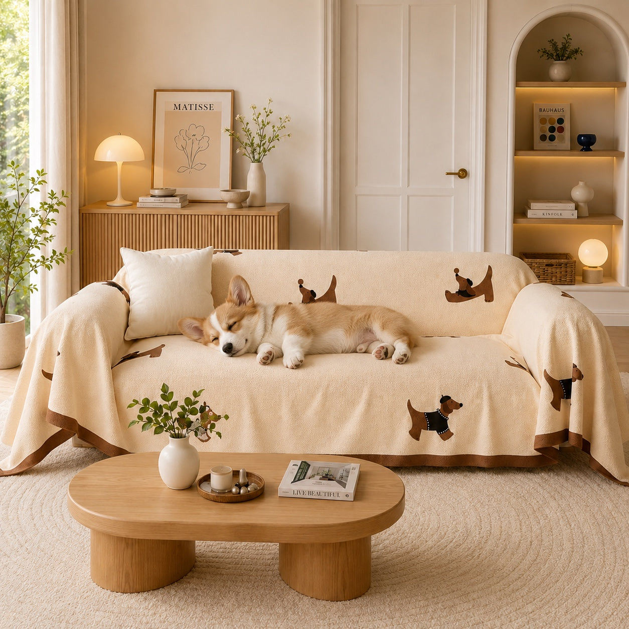Playful Dachshund | Linen-Look Sofa Throw | Breathable Anti-Scratch Pet Cover