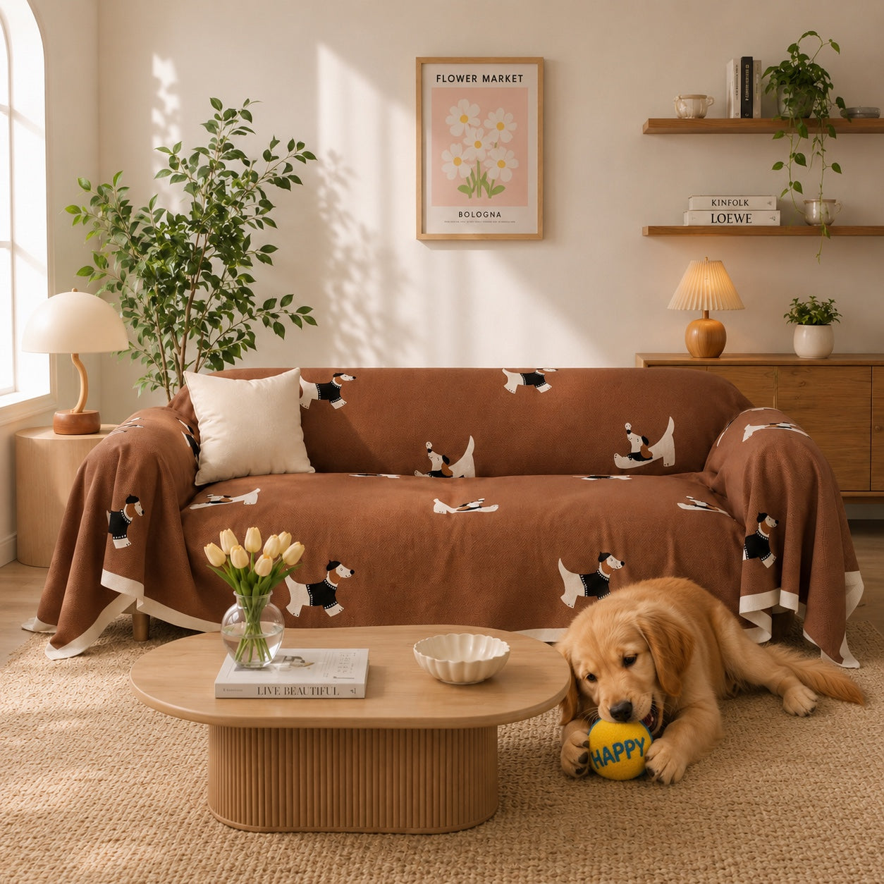 Playful Dachshund | Linen-Look Sofa Throw | Breathable Anti-Scratch Pet Cover