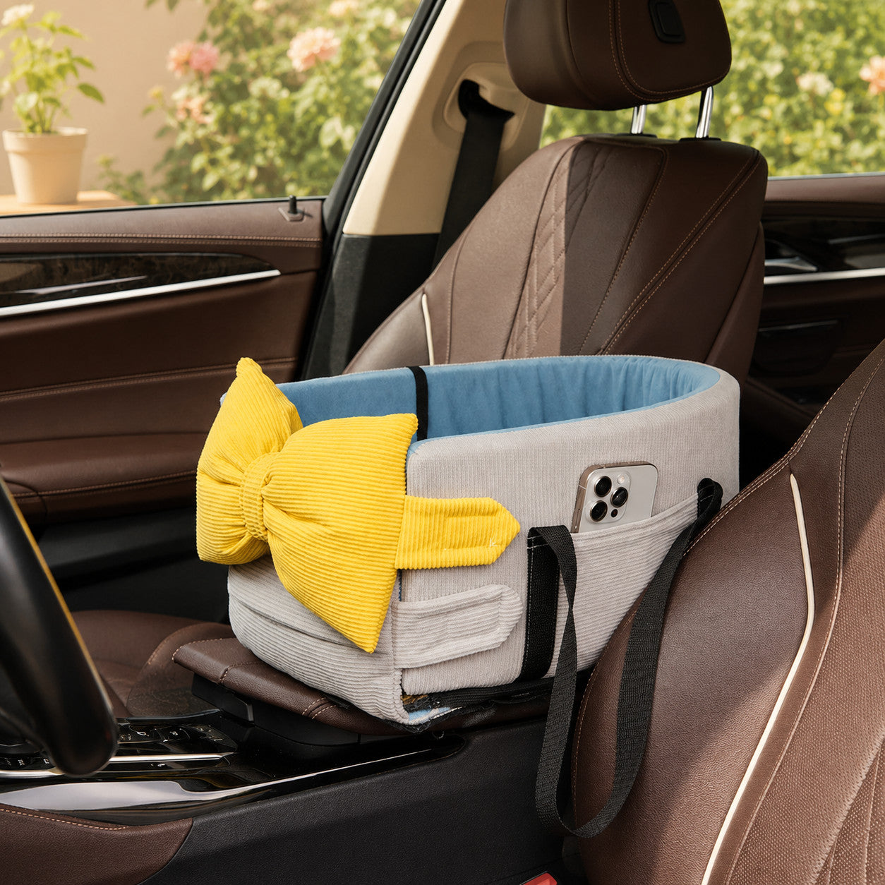 Bow-Knot Pet Car Seat Carrier | Washable Corduroy | Safety Straps & Carry Handles