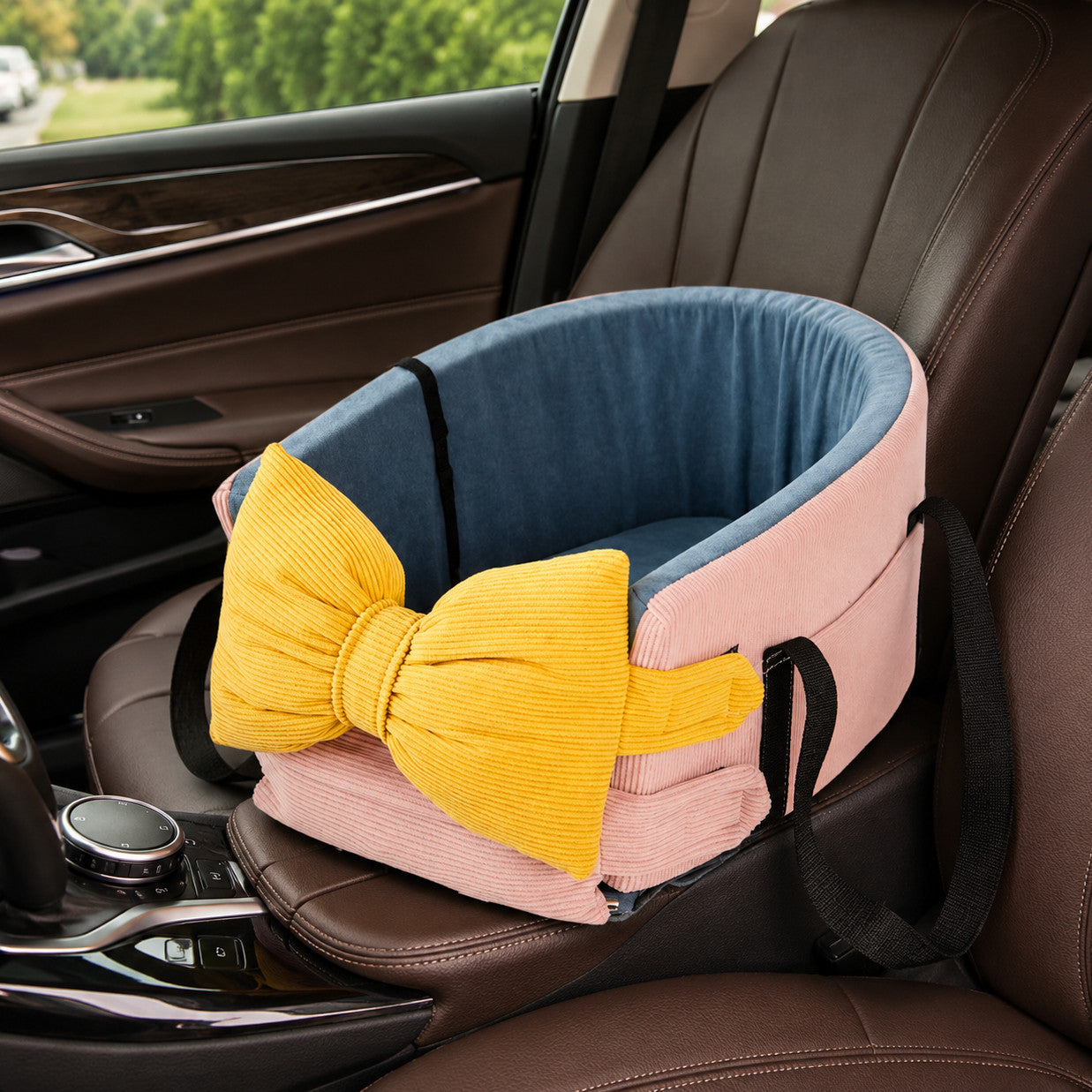 Bow-Knot Pet Car Seat Carrier | Washable Corduroy | Safety Straps & Carry Handles
