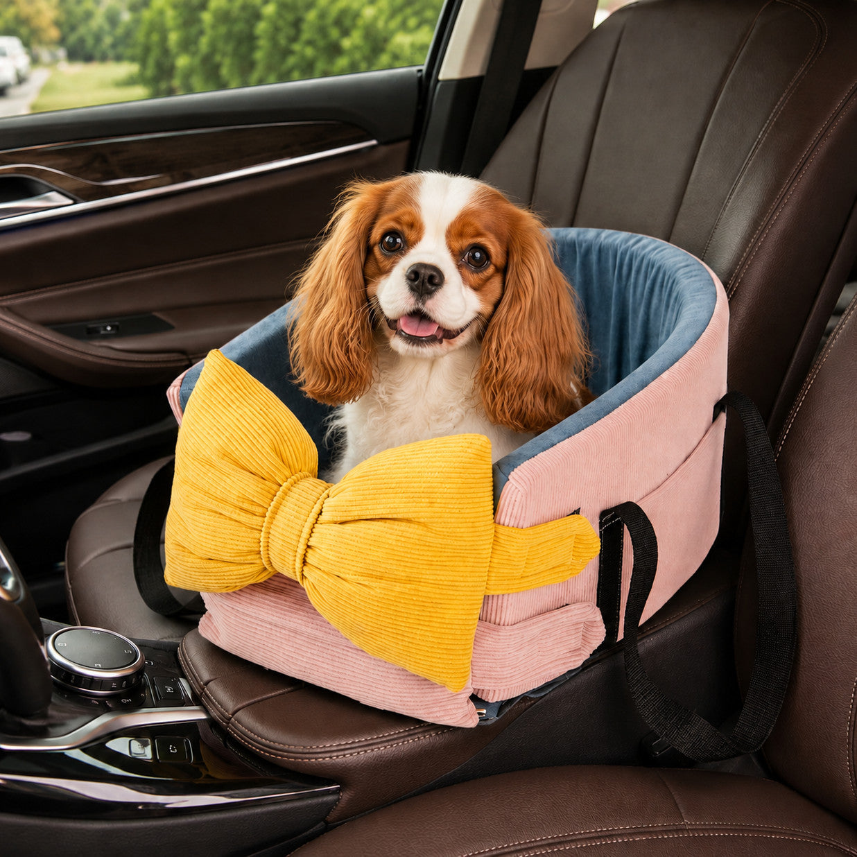 Bow-Knot Pet Car Seat Carrier | Washable Corduroy | Safety Straps & Carry Handles