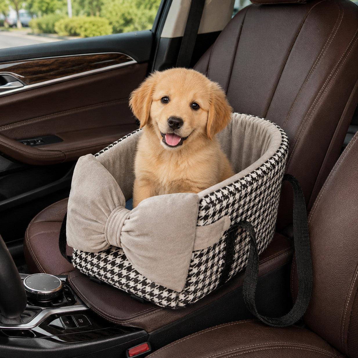 Bow-Knot Pet Car Seat Carrier | Washable Corduroy | Safety Straps & Carry Handles