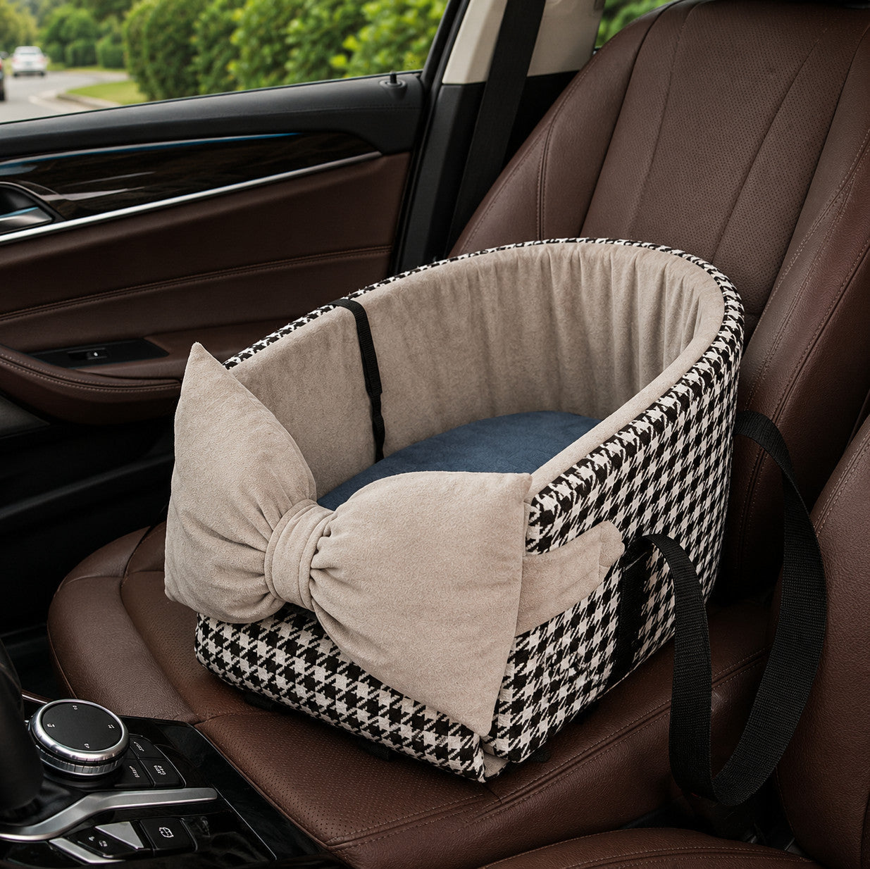 Bow-Knot Pet Car Seat Carrier | Washable Corduroy | Safety Straps & Carry Handles