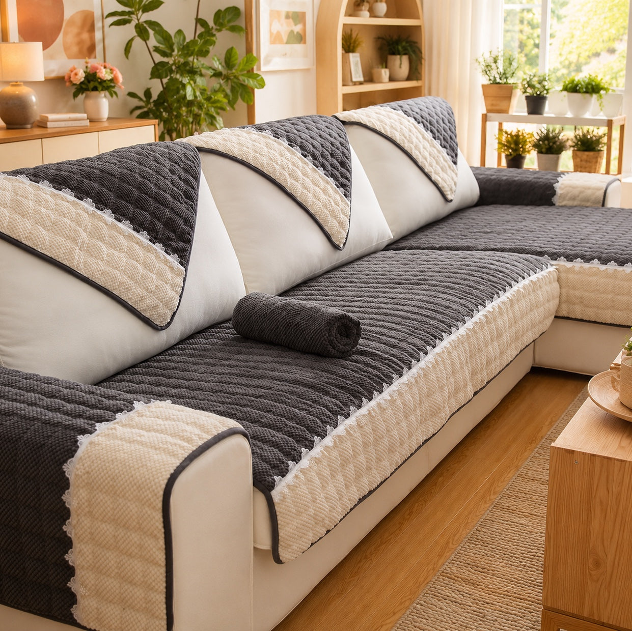 Waffle-Knit Corduroy Sofa Cover | Anti-Scratch Anti-Slip | Machine Washable