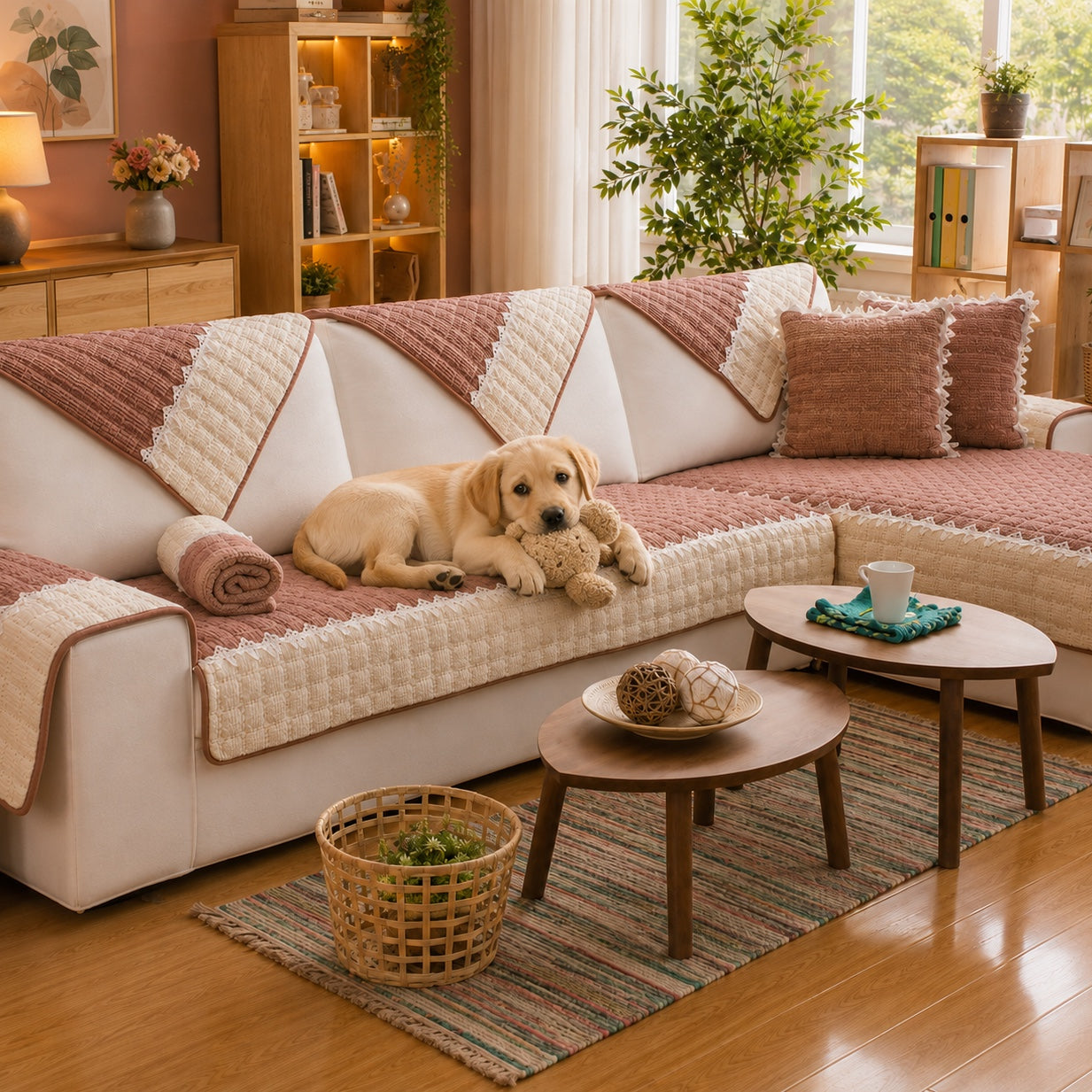 Waffle-Knit Corduroy Sofa Cover | Anti-Scratch Anti-Slip | Machine Washable