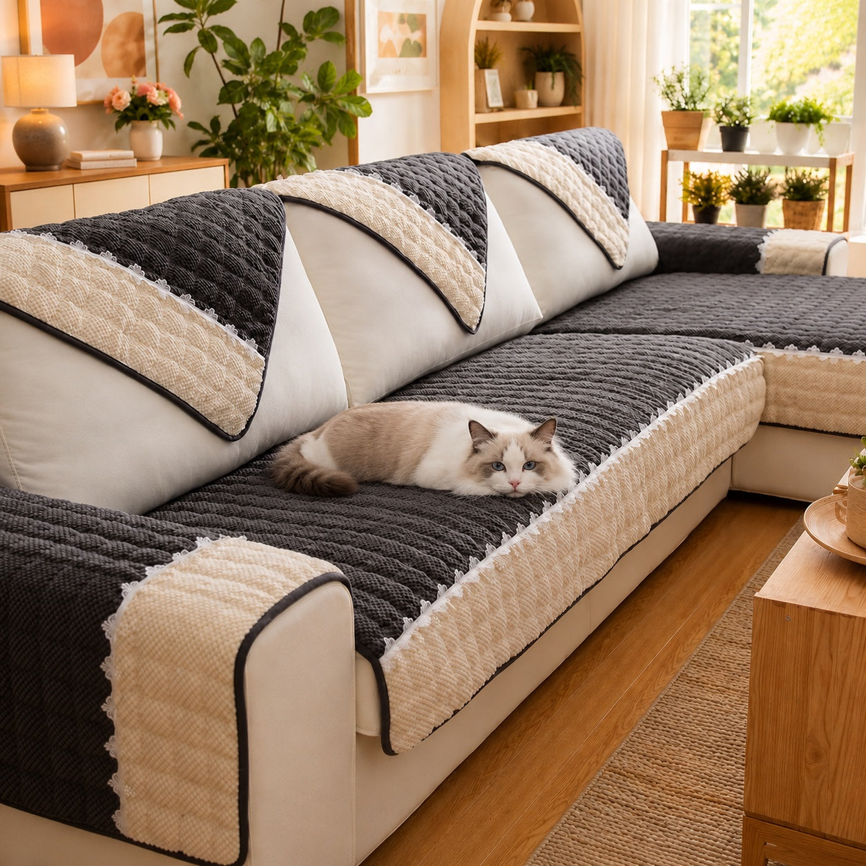 Waffle-Knit Corduroy Sofa Cover | Anti-Scratch Anti-Slip | Machine Washable