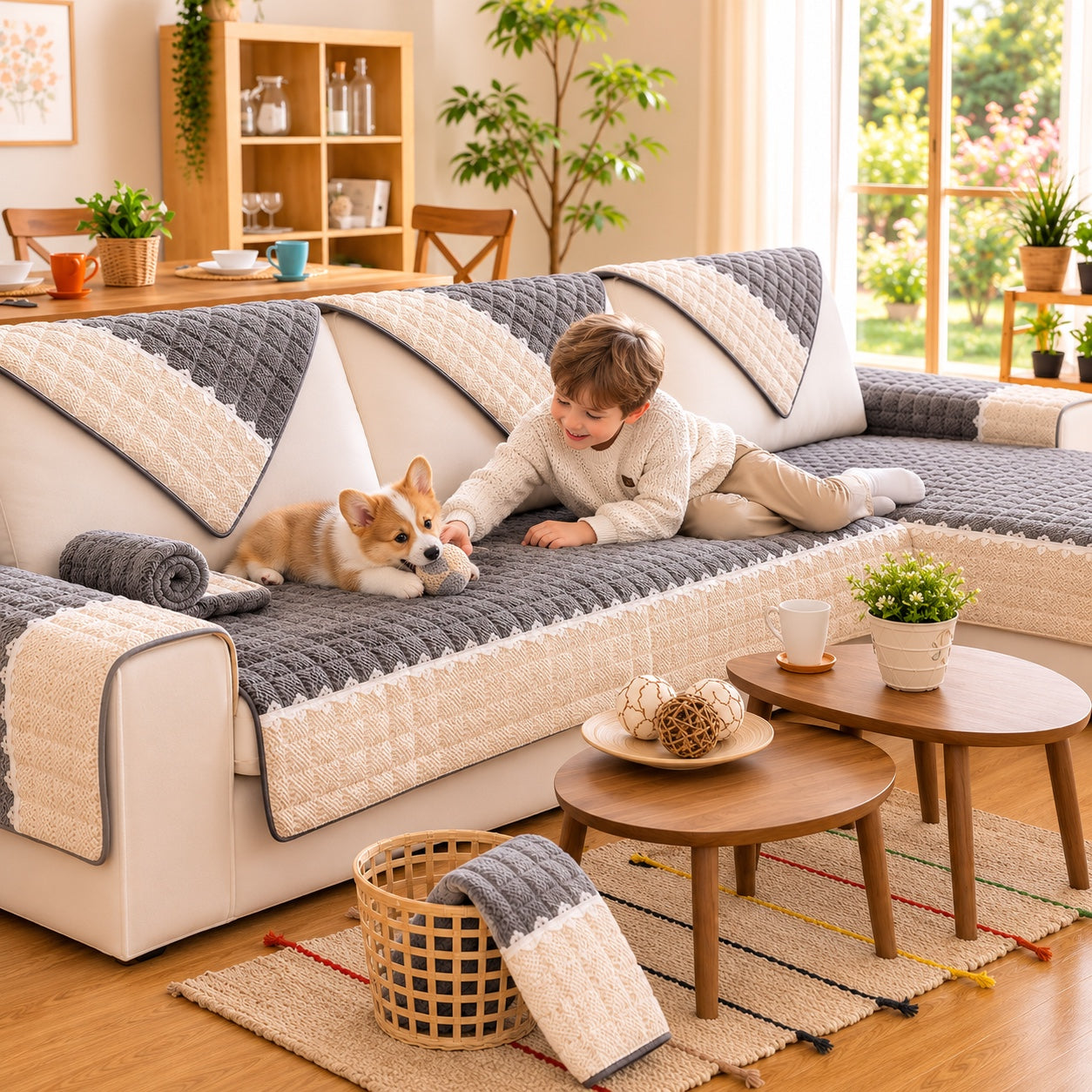 Waffle-Knit Corduroy Sofa Cover | Anti-Scratch Anti-Slip | Machine Washable
