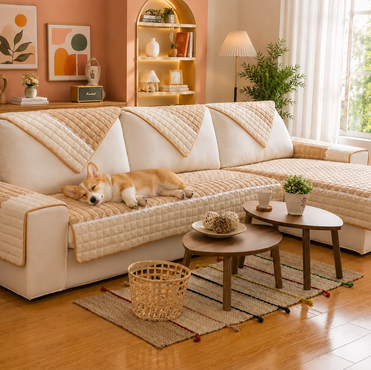 Waffle-Knit Corduroy Sofa Cover | Anti-Scratch Anti-Slip | Machine Washable
