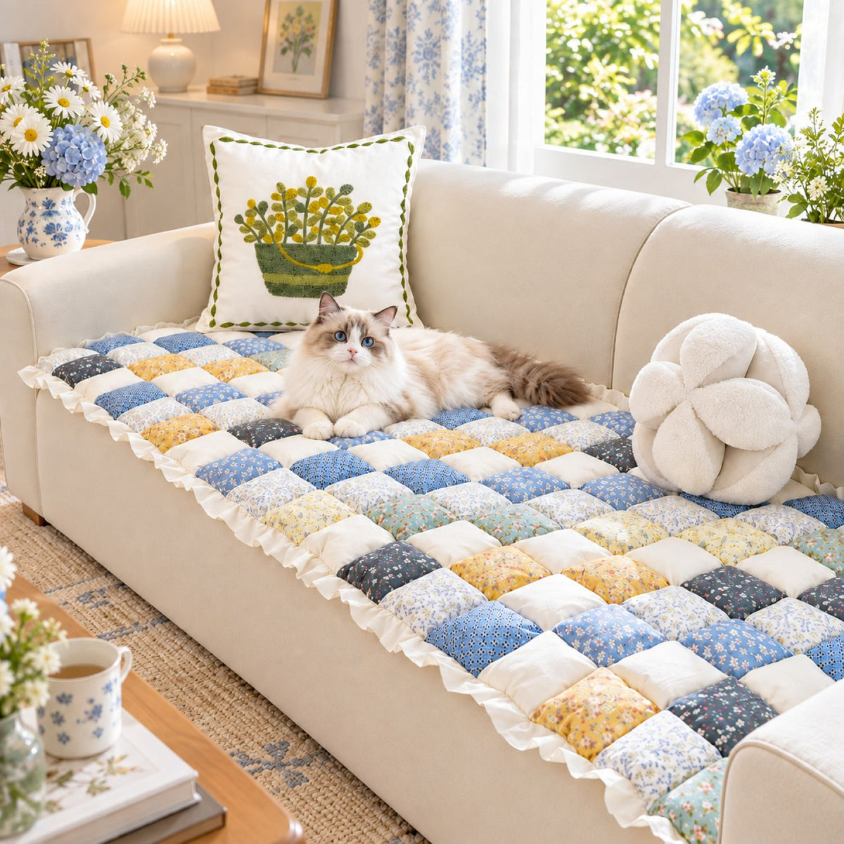 Patchwork Sofa Cover | Non-Slip Sofa Protector | Quilted 100% Cotton