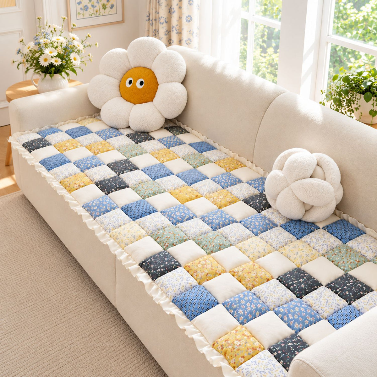 Patchwork Sofa Cover | Non-Slip Sofa Protector | Quilted 100% Cotton