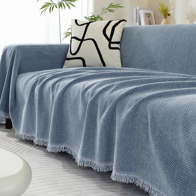 Chenille Sofa Cover Throw Blanket | Herringbone Tassel Design | Machine Washable | Woofing Deals