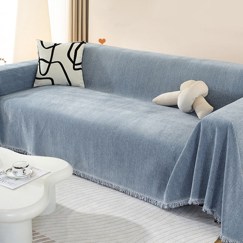 Chenille Sofa Cover Throw Blanket | Herringbone Tassel Design | Machine Washable | Woofing Deals