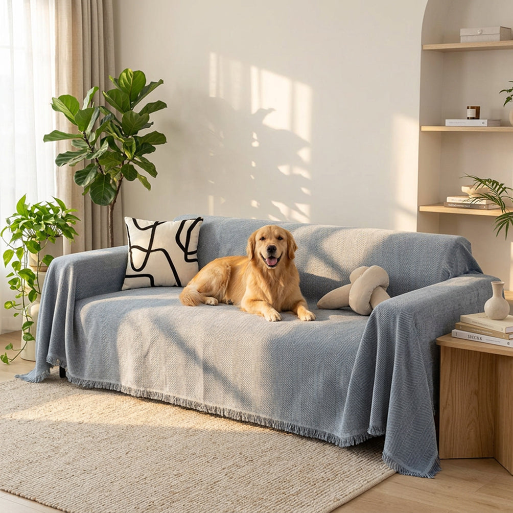 Chenille Sofa Cover Throw Blanket | Herringbone Tassel Design | Machine Washable | Woofing Deals