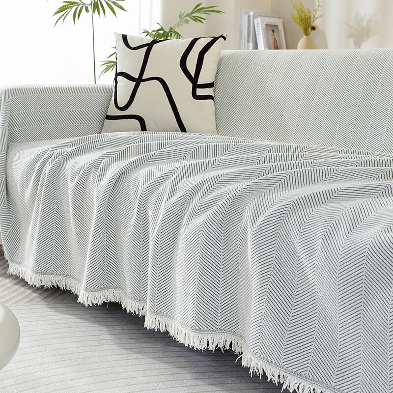 Chenille Sofa Cover Throw Blanket | Herringbone Tassel Design | Machine Washable | Woofing Deals