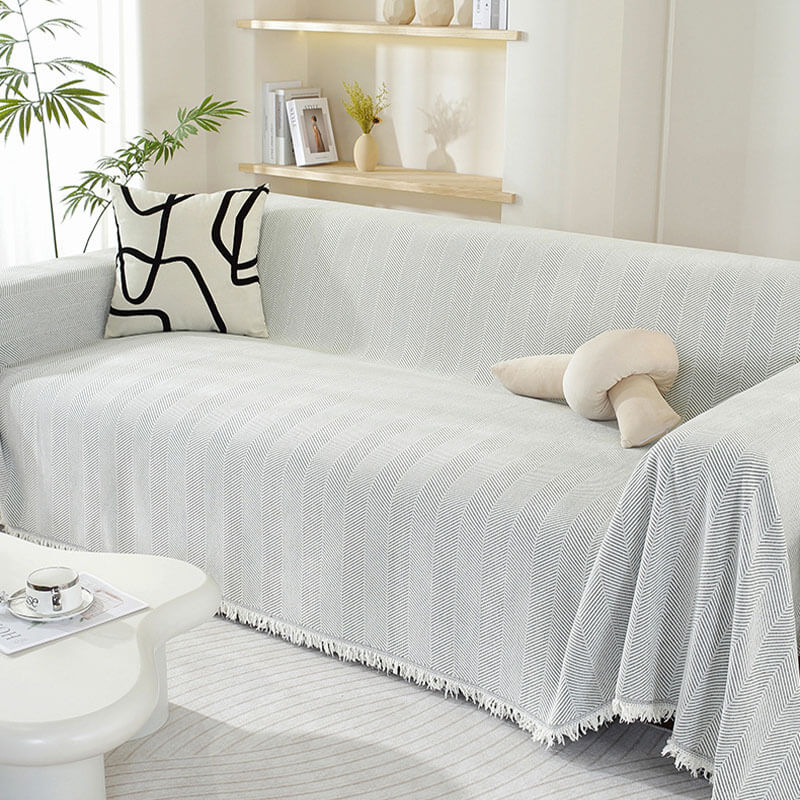 Chenille Sofa Cover Throw Blanket | Herringbone Tassel Design | Machine Washable | Woofing Deals